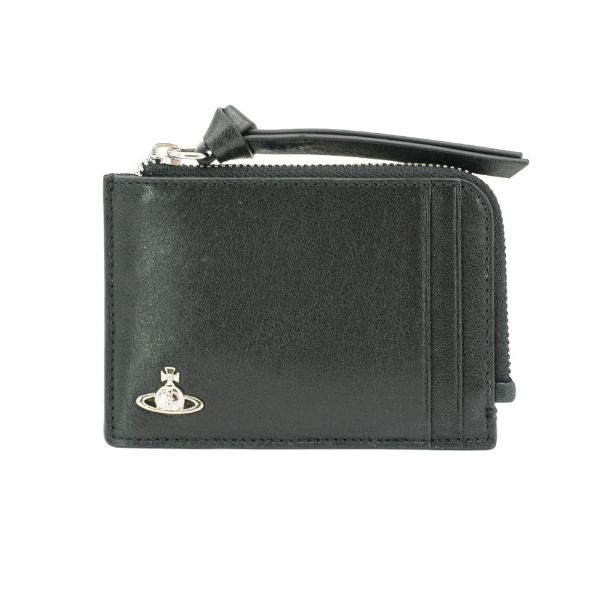 圖片 Vivienne Westwood 滑面皮革星球銀logo L型拉鍊卡包(黑)